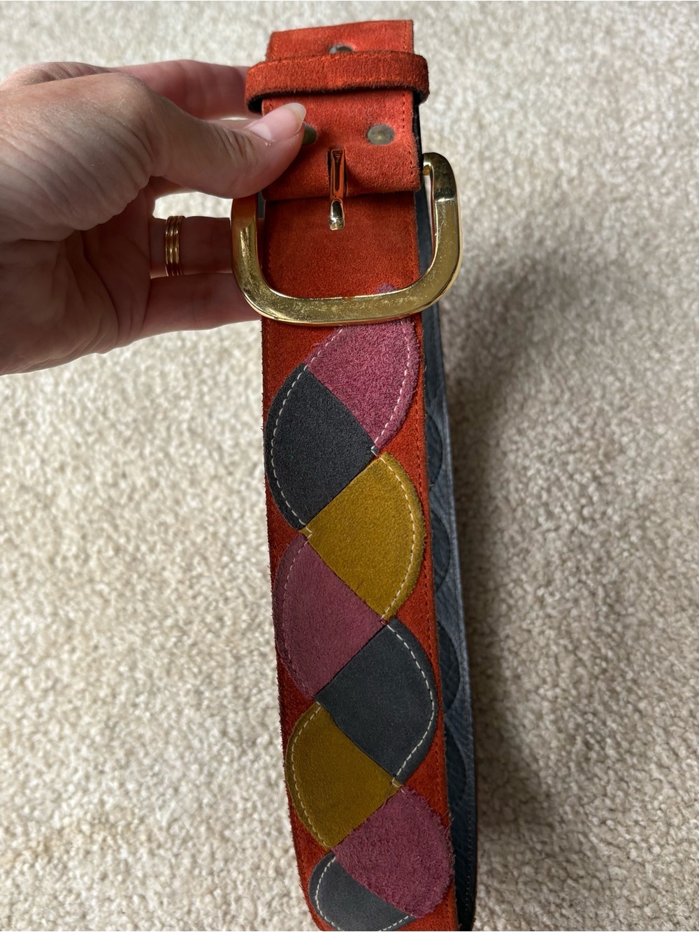 Womens Multicolor Suede Patchwork Belt - Rust